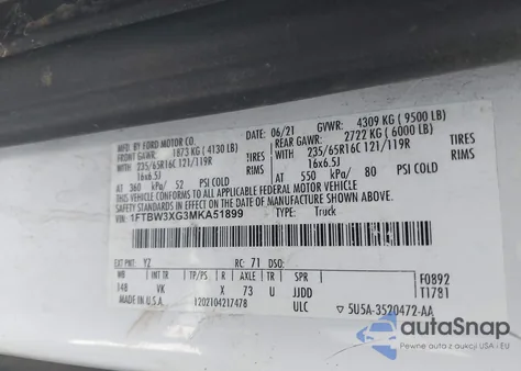 2021 Ford Transit-350 Cargo Van z USA, uszkodzony, nr VIN 1FTBW3XG3MKA51899